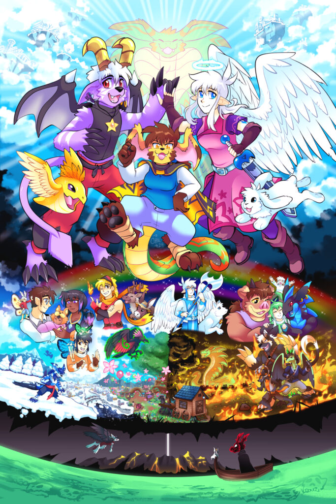 Slightly Damned's 20th anniversary poster featuring several characters and locations from the comic's history.