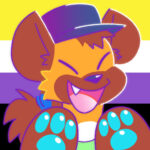 A drawing of a hyena with blue paws in front of nonbinary colors.